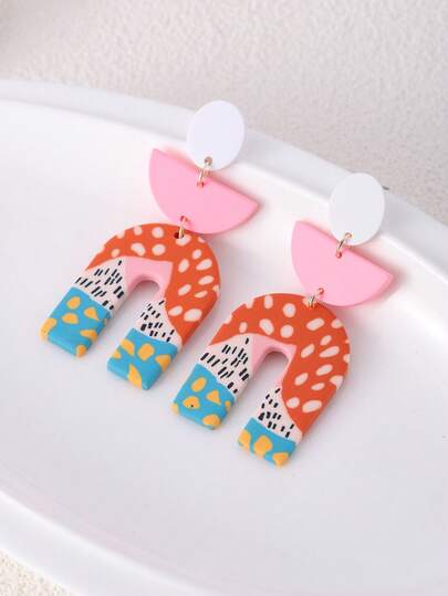 1 Pair Handmade Cute Pink Amusement Park Series Exaggerated U-Shaped Colorful Soft Clay With Acrylic Accessories Vacation Amusement Park Cute Personalized Earrings
