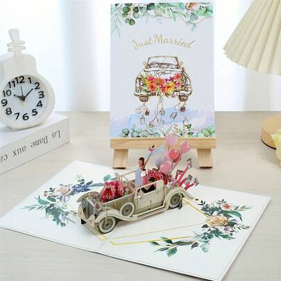 1pc Handmade 3D Pop-Up Greeting Card, Featuring Vintage Car Design With Envelope. This Laser Cut Card Showcases A Rose Wedding Car Theme, A Personalized Choice For Valentine's Day, Proposal, Wedding Or Bridal Shower.