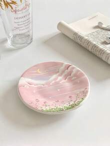 1pc Pink Floral Ceramic Coffee Cup & Saucer Set, Hand-Painted Blue Sky & White Cloud Coffee Mug, Birthday/Holiday Gift, Ceramic Teacup - Multicolor - View 5