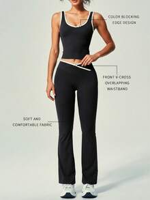 UONNOU 爆款Y2K运动风两件套 | 撞色滚边露脐上衣和喇叭裤 - 黑色 - 查看 4