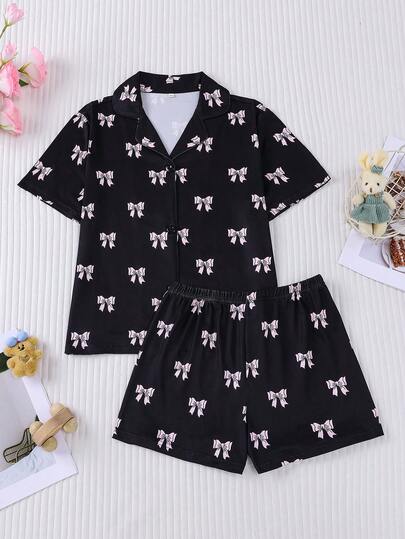 2 piezas Pijama de estilo francés para niñas con estampado de mariposa delicado, top de manga corta y pantalones cortos, cuello con botones frontales, conjunto de ropa de estar en casa lindo y encantador, adecuado para todas las estaciones, fiestas y uso casual