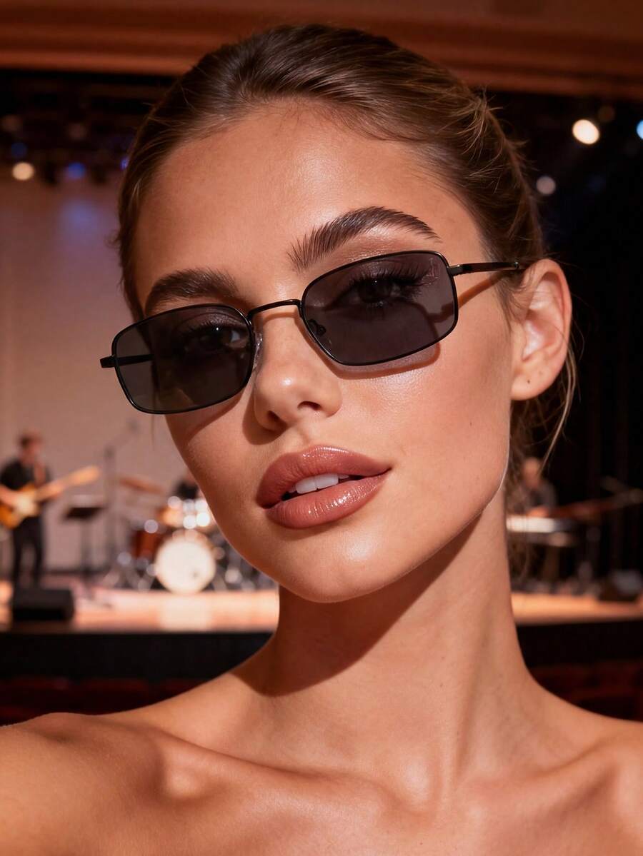 1 Pair Unisex Rectangular Metal Fashion Glasses, Retro Personalized Versatile Stylish Glasses, Suitable For Daily Wear, Street Photography, Vacation, Summer Beach, Back To School, Rectangular Frame - Black - View 1