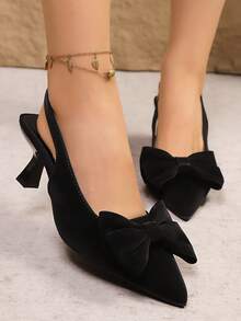 Sandalias de tacón alto con punta puntiaguda y lazo elegante para mujer, de verano - Negro - Ver 2