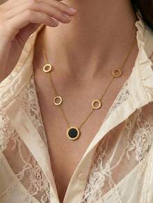 1件金色和黑色玛瑙圆盘耳环项链，简约优雅风格，适合约会、送礼、日常佩戴（OPP袋包装） - 金黃色 - 查看 3