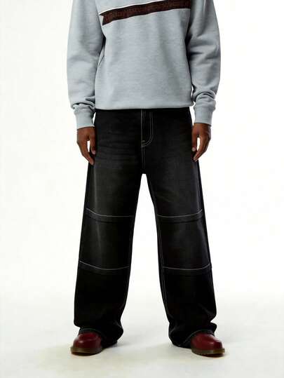 男士拼接黑色牛仔裤，美式街头时尚百搭Y2K牛仔裤，休闲宽松版型，四季皆宜