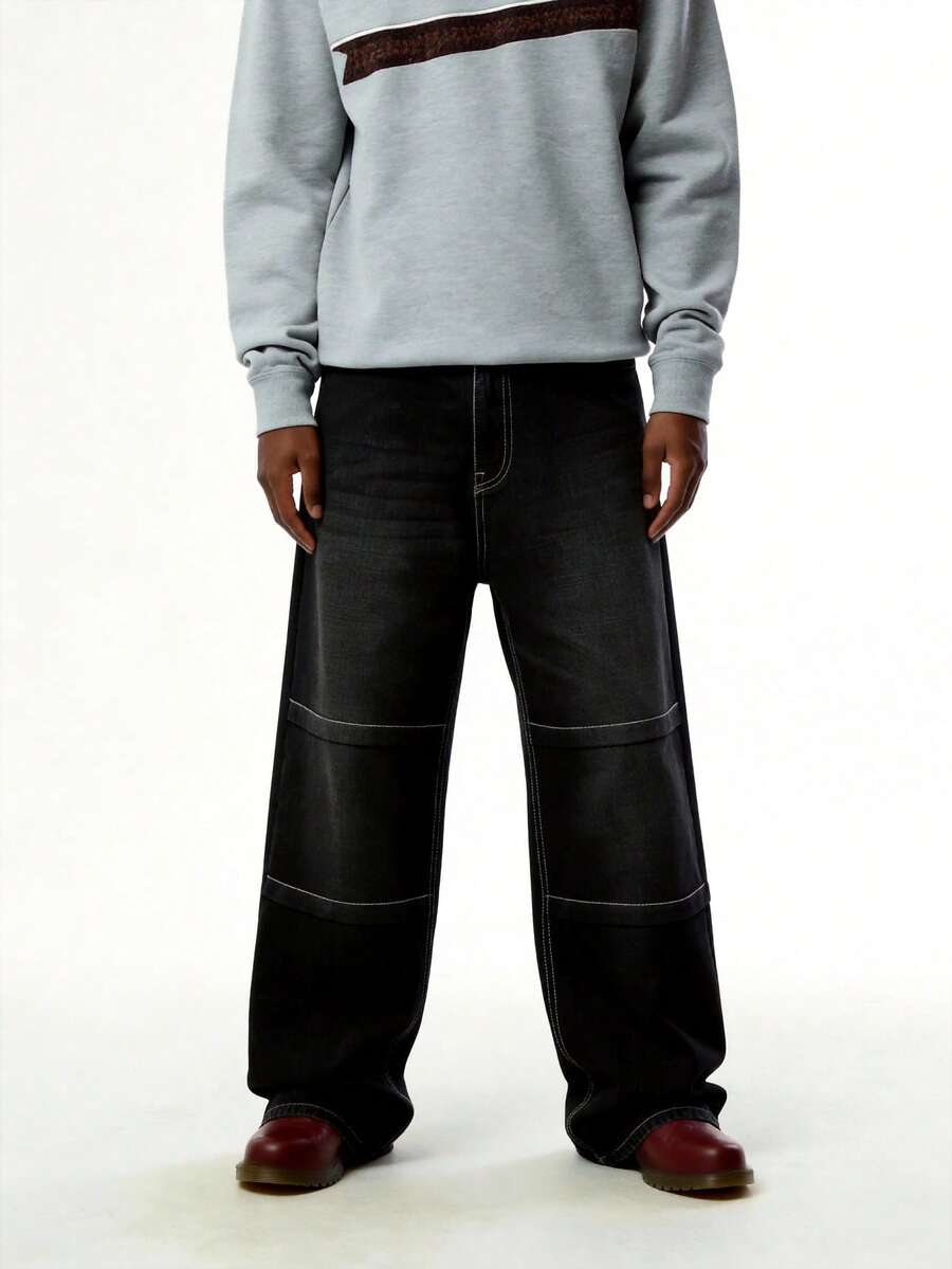 Jeans negros de patchwork para hombre, pantalones vaqueros versátiles de moda callejera estadounidense Y2K, ajuste holgado casual para todas las estaciones - Negro - Ver 1