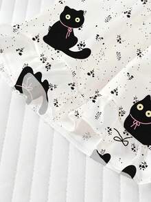 Conjunto de pijama casual para niña preadolescente, suave y amigable con la piel, con estampado lindo de gato negro, nuevo estilo infantil con top de manga corta y cuello tipo solapa, y shorts de cintura elástica holgada con dobladillo con volantes, estampado integral de gatitos negros y lazos, adecuado para uso diario de niñas preadolescentes y adolescentes - Blanco - Ver 8