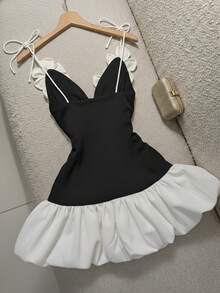 Valentine's Day Party Dress, Peplum Dress, Sexy Peplum Dress, Handmade Floral Camisole Dress, Bridesmaid Dress, Vacation Dress - Black and White - View 2