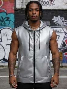 男士金属质感PU皮革无袖连帽拉链背心，街头风 - 銀色 - 查看 3