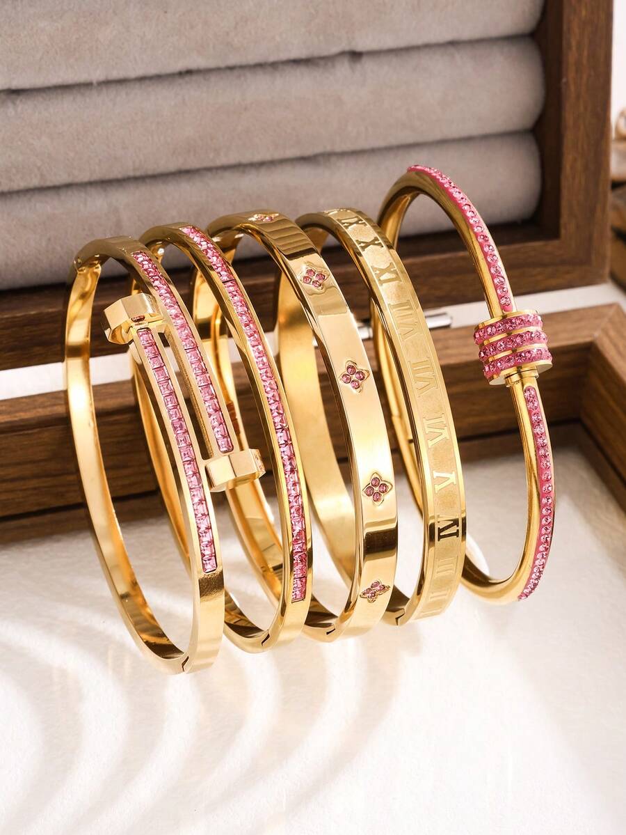 Bộ 5 vòng tay thép không gỉ, thiết kế độc đáo nhiều họa tiết, trang sức thời trang, quà tặng lý tưởng, không phai màu. - Vàng 2 - Xem 1