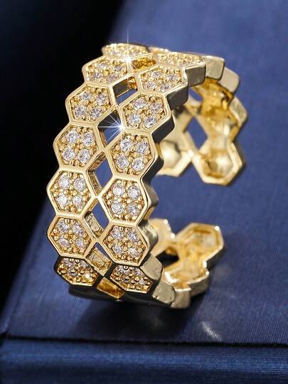 1 pieza Anillo de joyería de diseño geométrico hueco de panal de abeja de lujo y moda, adecuado para uso diario