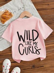 Young Girl Casual Graphic Print Crew Neck Short Sleeve T-Shirt, Summer Top - Pink - View 5