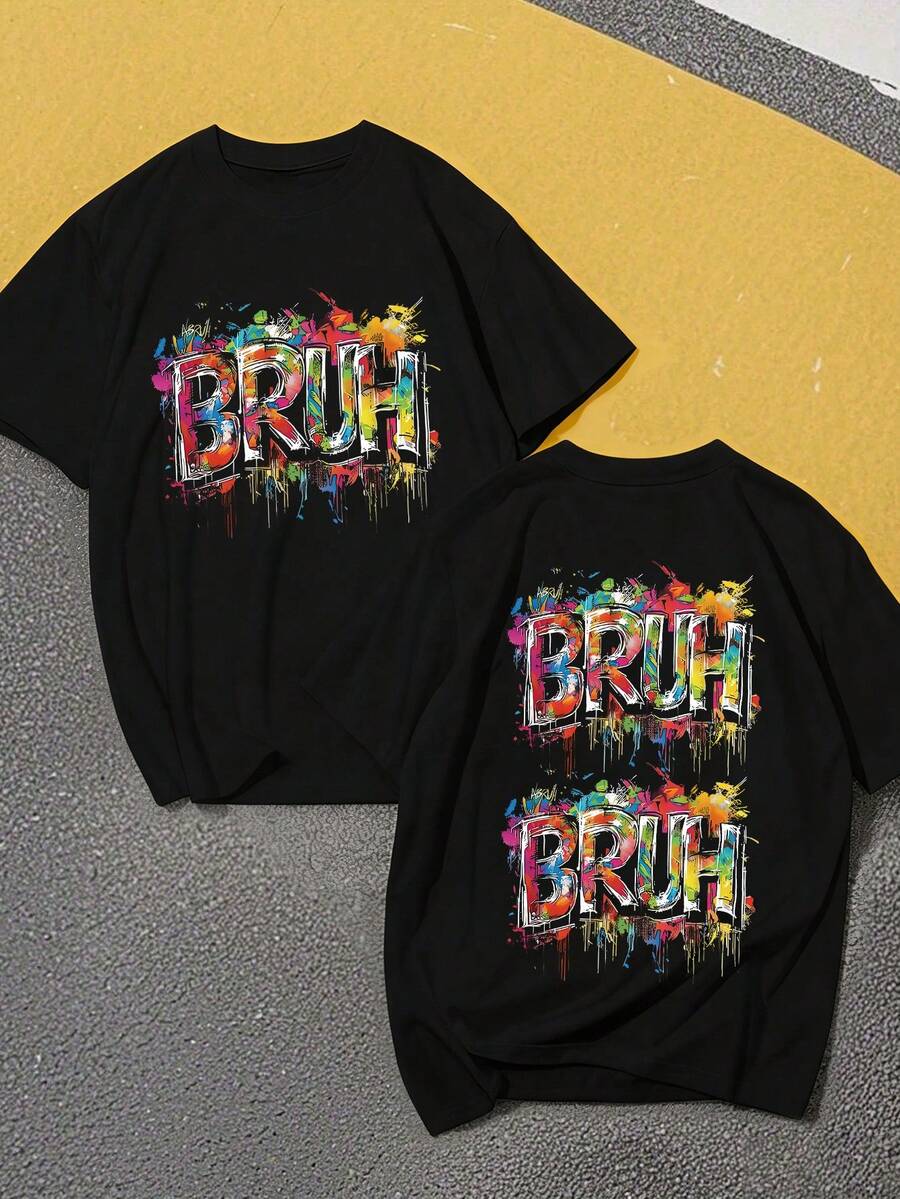 Boys' Casual Minimalist Slogan Print Crew Neck Short Sleeve T-Shirt, New Summer Boys' Clothing - Black - View 1