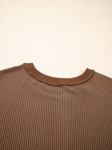 Acelitt Herbst einfarbiges, strukturiertes gestreiftes Langarm Lässig Loose Rundhalsausschnitt T-Shirt mit Bündchen - Braun - Übersicht 10