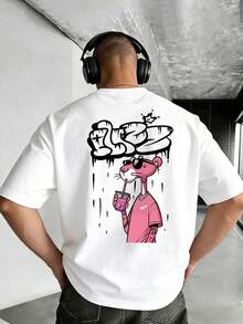 Men's Summer Pure Cotton Short Sleeved T-Shirt With Cartoon Pink Panther Pattern Printed On The Back, 200g High-Quality Pure Cotton Short Sleeved T-Shirt, Soft And Breathable, Round Neck Design, Suitable For Both Men And Women, Can Be Worn All Year Round, Music Festival, Daily Casual Street Style, A Must-Have For Pink Panther Enthusiasts, And The Best Gift For Friends - 白色 - 查看 2