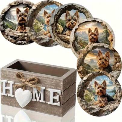 6/60pcs (With/With Holder) 2D Cute Dog & Landscape Printed Wooden Cup Coasters, Suitable For Yard, Kitchen, Living Room, Home Gathering, Dining Table Decor, Gift For Friends & Family, Suitable For Valentine's Day, Wedding, Birthday, Party, Home Decor Accessories