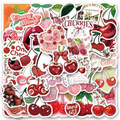 62 PCS Cherry Stickers - High-Quality And Beautiful Stickers, Can Be Used For Decoration Laptop, Water Bottle, Phone, Journal, Scrapbook, Bumper, Skateboard, Luggage, For Holiday Decorations