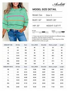 Acelitt 休闲撞色条纹露肩七分袖罗纹圆领针织上衣，适合所有季节 - 綠色 - 查看 5