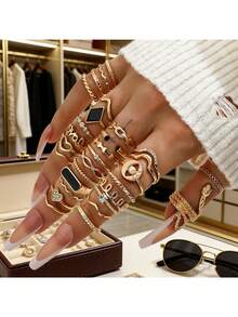 Juego de 29 anillos para mujer, estilo INS con gemas falsas incrustadas, diseños de corazón y serpiente con perlas falsas, anillos apilables multicomponentes con esmalte, perfectos para fiestas y uso diario - Multicolor - Ver 10