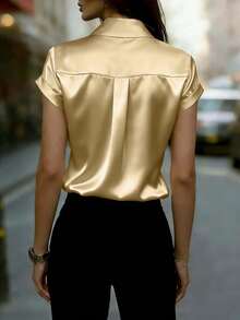Women's Elegant Satin Shirt, Collared Short Sleeve, Regular Length, Button Detail, Woven Fabric, Work Wear Summer - Gold - View 3