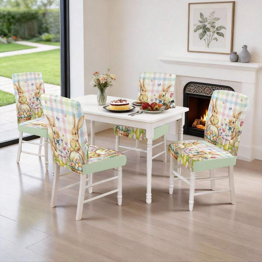 1/2/4/6/30pcs Easter Theme Dining Chair Covers, Cute Rabbit & Egg Pattern, Suitable For Dining Table, Dining Room Holiday Decor, Adding Warm Spring Atmosphere For Family Gathering Or Holiday Arrangement, Removable & Washable Chair Slipcovers