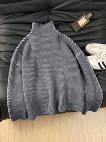 EAVA 女士极简高领毛衣，宽松版型，轻松打造街头风，手工细节，秋冬针织套头衫，情人节礼物，女士情人节礼物，情人节服装 - 灰色 - 查看 3