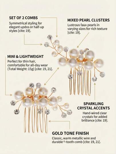 2pcs Elegant Pearl Rhinestone Hair Combs, Minimalist Gold Wedding Hair Accessories, Classic Vintage Bridal Hair Jewelry For Women