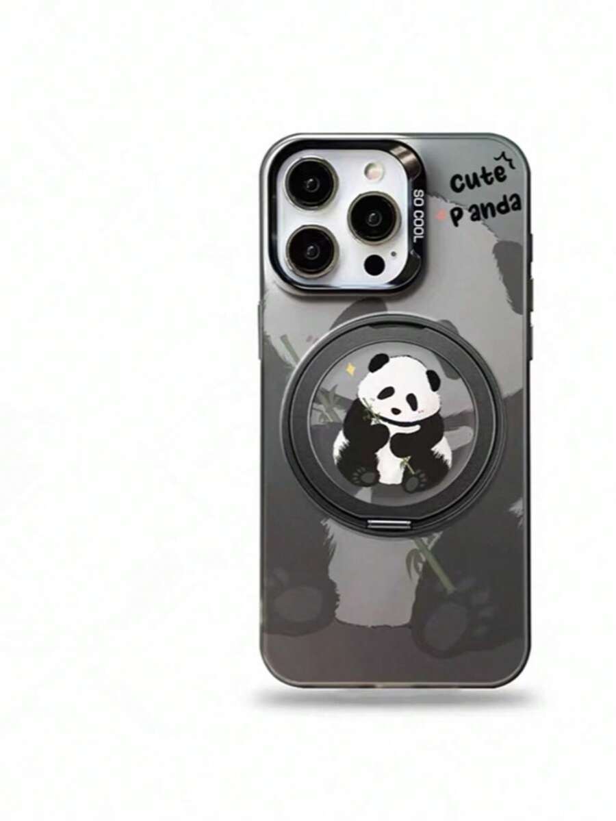 Cute Panda & Kitten Phone Holder Protective Case Compatible With IPhone 13, 14, 15 Pro Max, 16, 16 Pro Max, 17, 17 Pro Max, S21, 22, 23 Plus, 24 Ultra, 25, 25 Plus, 25 Ultra - Black Double-layer Panda - View 1