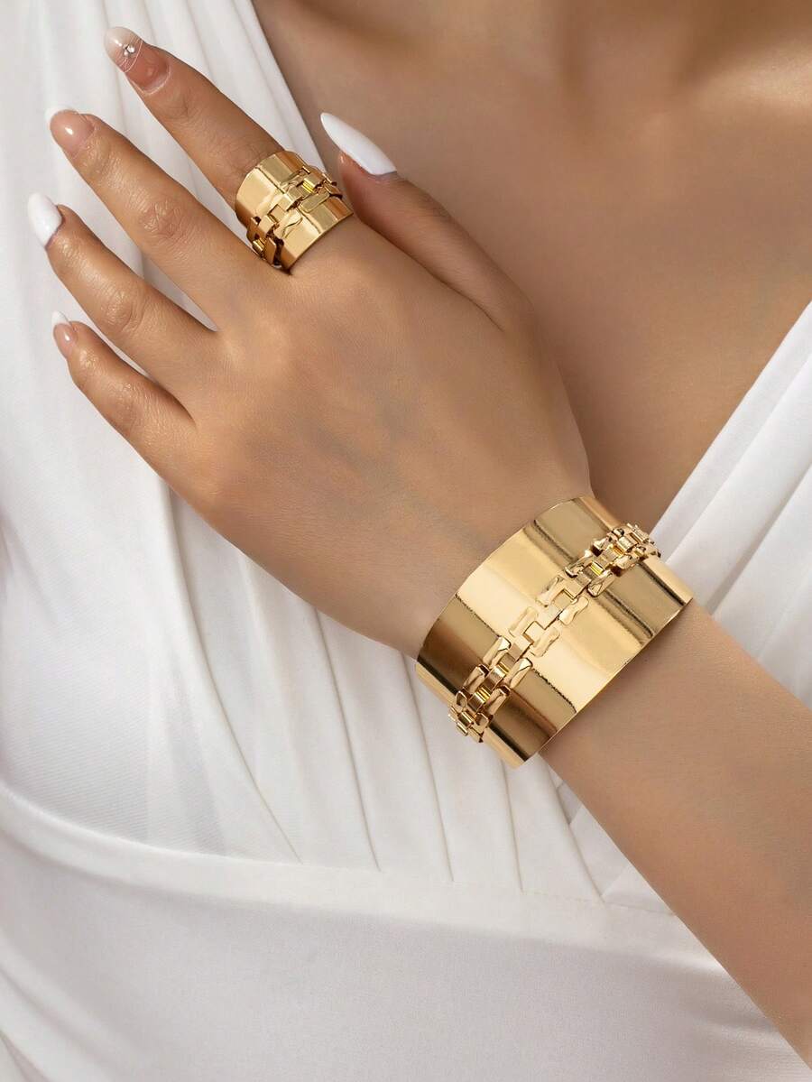 Bộ 2 chiếc vòng tay và nhẫn kiểu dáng cổ điển, thanh lịch, họa tiết hình học khối vuông, thích hợp cho các bữa tiệc, tiệc chiêu đãi và đeo hàng ngày. - Vàng - Xem 1