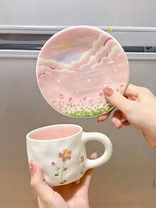 1pc Pink Floral Ceramic Coffee Cup & Saucer Set, Hand-Painted Blue Sky & White Cloud Coffee Mug, Birthday/Holiday Gift, Ceramic Teacup - Multicolor - View 1