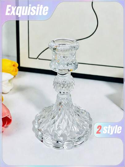 2个透明玻璃烛台，菱形图案，适用于餐桌、客厅、婚礼和礼品。