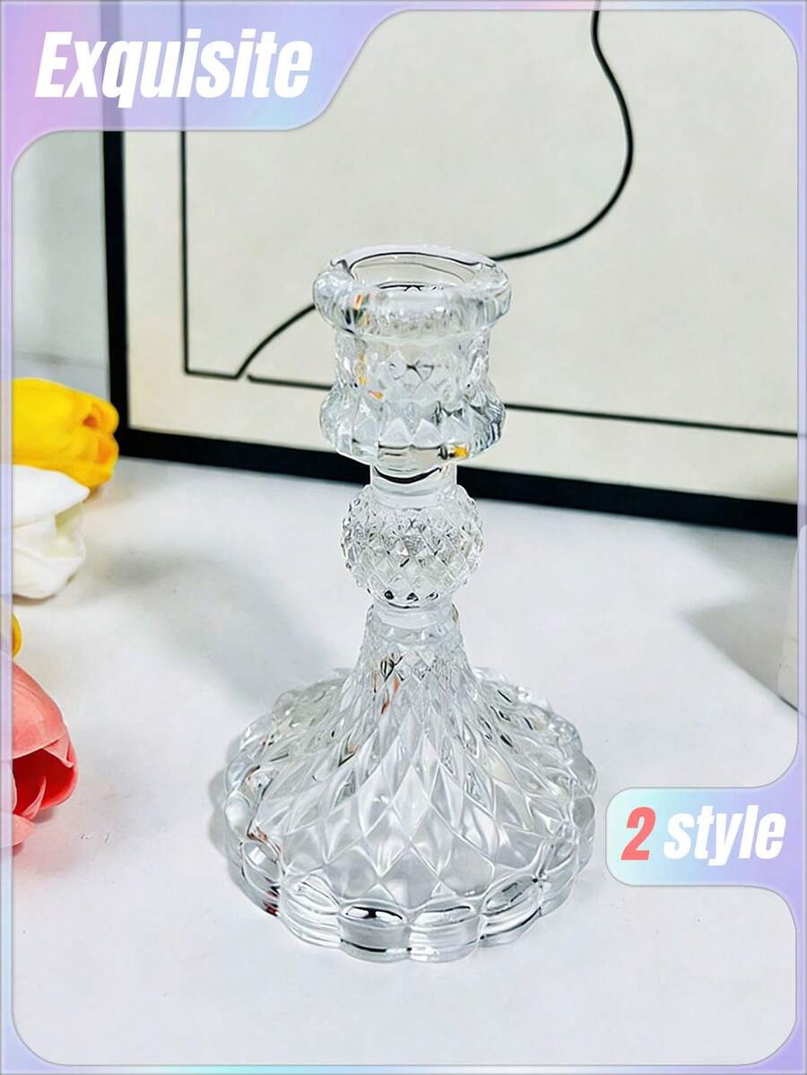 2个透明玻璃烛台，菱形图案，适用于餐桌、客厅、婚礼和礼品。 - 菱形燭台 - 查看 1