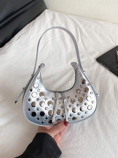 1pc (8.3in*5.5in*2.4in) Fashion Women's Handbag, Crescent-Shaped Bag, Mini Purse, Metallic Gothic Style, PU Material Scratch-Resistant, Suitable For Shopping, Dating, Parties, Work Commute, Gift For Family, Friends, Girlfriend, Elegant Minimalist Casual Chic Silver Women Handbag