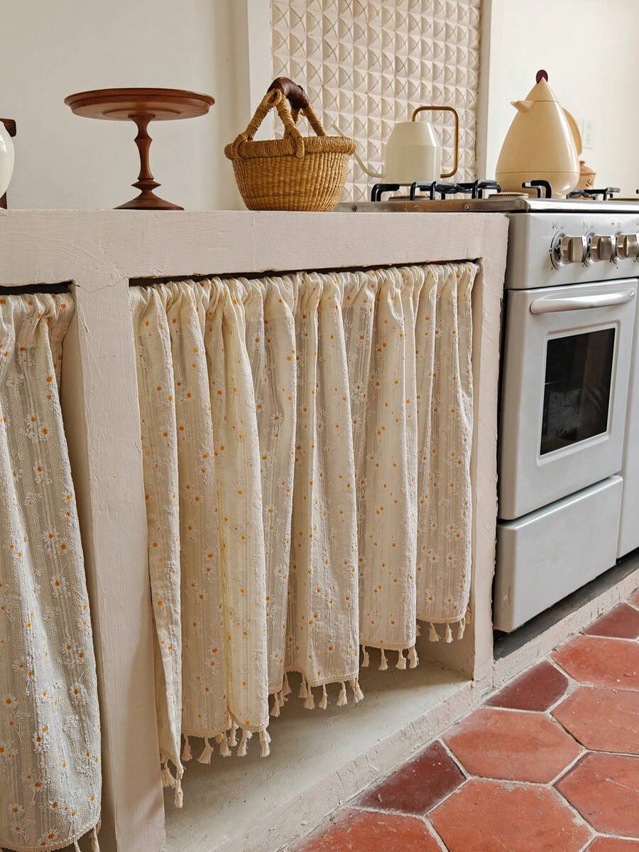 1pc Floral Cotton Kitchen Short Curtain/Cafe Curtain, Without Curtain Rod, Vintage Pastoral Romantic Daisy Pattern Semi-Sheer Beige Tassel Curtain, Cafe Country Farmhouse Kitchen Half Curtain