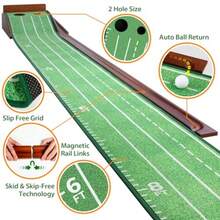 Golf Putting Mat with Ball Return - Putting Green Indoor Featuring 9ft Non-Slip Velvet Surface for Indoor and Outdoor - Smooth Skip-Free Walnut Ball Return System - Golf Practice Mat for Backyard - Verde - Ver 3