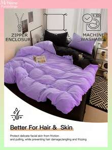 浅紫色和黑色三件套床上用品，包含1个被套和2个枕套，柔软舒适的家纺面料，亲肤柔软，多种颜色可选，适合宿舍使用，简约时尚的家居装饰，柔软舒适的卧室床上用品套装，时尚套装，可机洗，不含填充物 - 淡紫色 - 查看 2