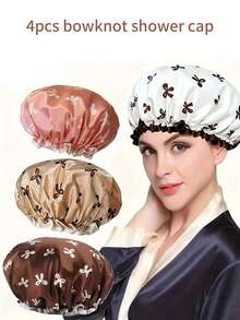 2pcs/4pcs Bow Shower Cap, Double Layer Shower Cap, (Pink + Gold + White + Brown) 4pcs Set, Bow Print Reusable Ladies Shower Cap, Suitable For Home & Travel, 10.63 Inches - Multicolor - View 10