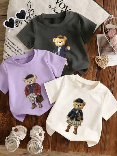 3pcs Baby Girl Floral Print Short Sleeve T-Shirt Set, Casual Young Children Summer Tops For Playtime