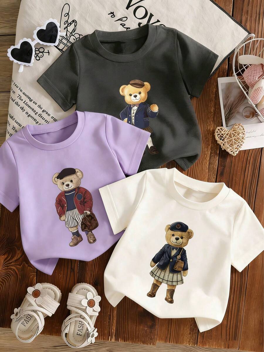 3pcs Baby Girl Floral Print Short Sleeve T-Shirt Set, Casual Young Baby Girl Summer Tops For Playtime - Multicolor - View 1