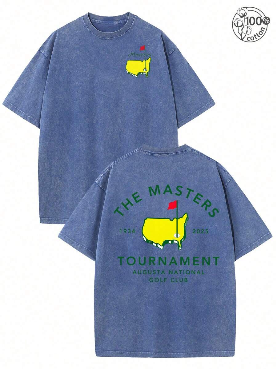 Retro Vintage Golf Masters Graphic T Shirts, (230g 100 Percent Cotton T-Shirt), Fashionable Vintage Washed Men's Cotton T-Shirt, A Perfect Surprise Gift For Family And Friends, Dropped Shoulder Design, Round Neck, Male And Female T-Shirt, Men's Summer T-Shirt, Holiday Gift, Ideal Present. - 霧霾藍 - 查看 1