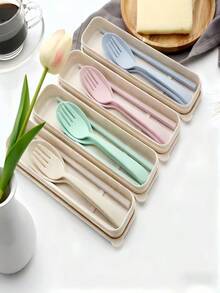 1/2/4 SetsTrendy Matte Striped Portable Cutlery Set - Reusable Spoon Fork With Storage Box, Camping Picnic Daily Kitchen Utensils, Lightweight Smooth Finish Utensils For Office Lunch, Back To School Supplies Christmas Gift Outdoor Party Essentials - Multicolor - View 4
