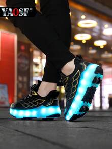 YAOSF Zapatos con ruedas para niños/adolescentes - Versión mejorada con mayor estabilidad, zapatos deportivos 2 en 1 desmontables, zapatos de patinaje sobre ruedas geniales para la calle, zapatos deportivos luminosos para exteriores, zapatos para padres e hijos, nuevos patines en línea, zapatos con luces para la noche, zapatos con ruedas recargables por USB, zapatos con ruedas y luces LED, zapatos deportivos con suela con luces LED para niños/niñas, estudiantes, zapatos con ruedas para deportes al aire libre - Negro - Ver 7
