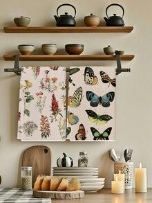 2Pcs Watercolor Butterfly Floral Farmhouse Kitchen Towels, Vintage European Farm Decor Dishcloths, Holiday Party Supplies, Hand Towels Suitable For Kitchen, Dining Room, And Dining Table - Multicolor - View 3