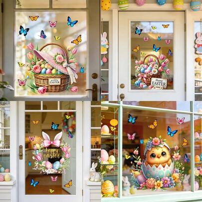 1/4 adet Paskalya Pencere Süsü: Sepet, Güneş Şapkası, Yumurta Desenli, Kelebek Tasarımlı Statik Yapışkanlı Cam Etiketleri, Ev Kapı Pencere Dekoru, Yeniden Kullanılabilir Bahar Tatili Parti Malzemeleri