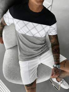 GRDR 1pc Summer New Contrast Color Business Casual Round Neck Men's T-Shirt - Grey - View 4