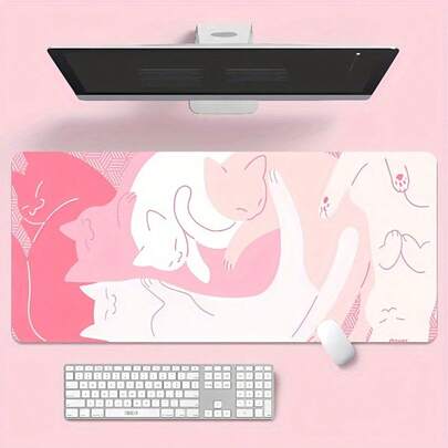 1PC Cute Pink Cat Pattern Waterproof And Non-Slip Large Mouse Pad & Stitched Edges, Waterproof Large Mouse Pad For Work, Gaming, Office & Home, Desk Essentials Decor For Women
