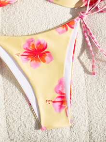 Conjunto de bikini de halter con estampado floral elegante y lindo, con lazo delantero, para vacaciones, playa, noche y citas de verano - Multicolor - Ver 5