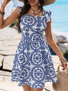 Women's Summer Ruffle Backless Tie Sleeveless Short A-Line Elegant Vacation Dress - Blue - View 1