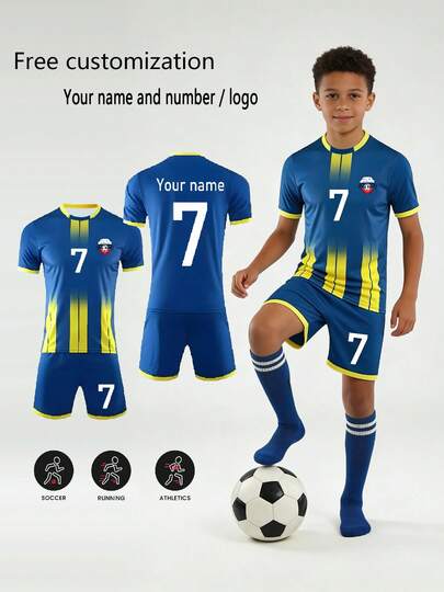 2 piezas/Set Uniforme de fútbol personalizado con estampado total para niños, nombre y número personalizados/logotipo del club, inspirado en los jerseys de los jugadores de los deportes C7 y R7, conjuntos deportivos para niños y niñas, conjunto de fútbol de 2 piezas para niños con nombre personalizado y diseño de ídolo, conjunto de manga corta y pantalones cortos, adecuado para deportes, ciclismo, correr al aire fútbol, jerseys del mismo estilo que las celebridades