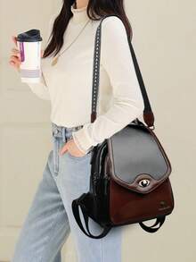 防盗复古PU皮翻盖双肩包，多功能时尚手提包，多口袋轻便旅行包，大容量简约学生背包，便携式通勤包，适合学生、护士、教师、商务人士、旅行、通勤、购物、办公、约会、徒步、训练、工作，生日礼物、节日礼物 - 彩色 - 查看 10